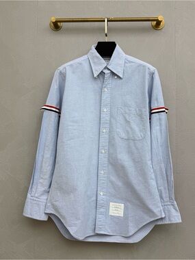 Thom Browne Light Blue Oxford Shirt with Red-White-Black Sleeve Stripes